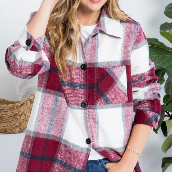 Burgundy Black Gray Cream Plaid Button-Up Shacket - Picture 4 of 9